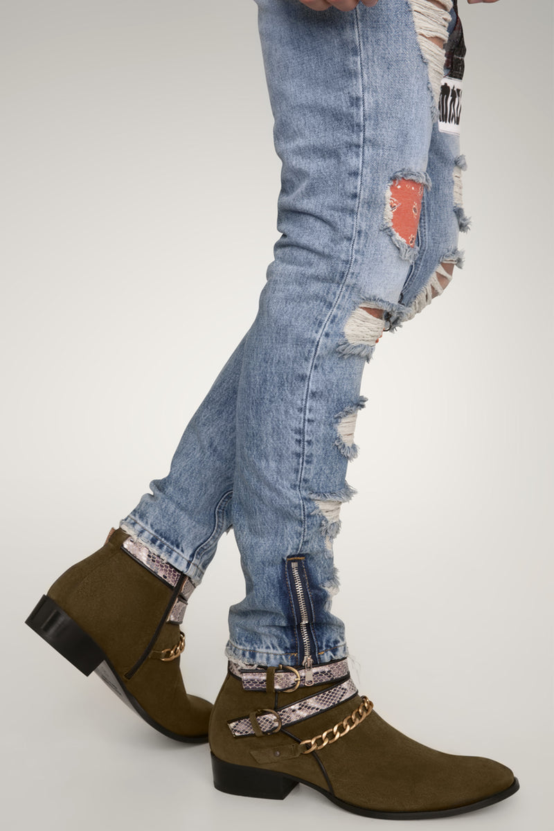 SNAKE BUCKLE KHAKI BOOTS