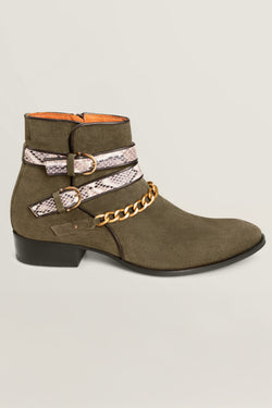 SNAKE BUCKLE KHAKI BOOTS