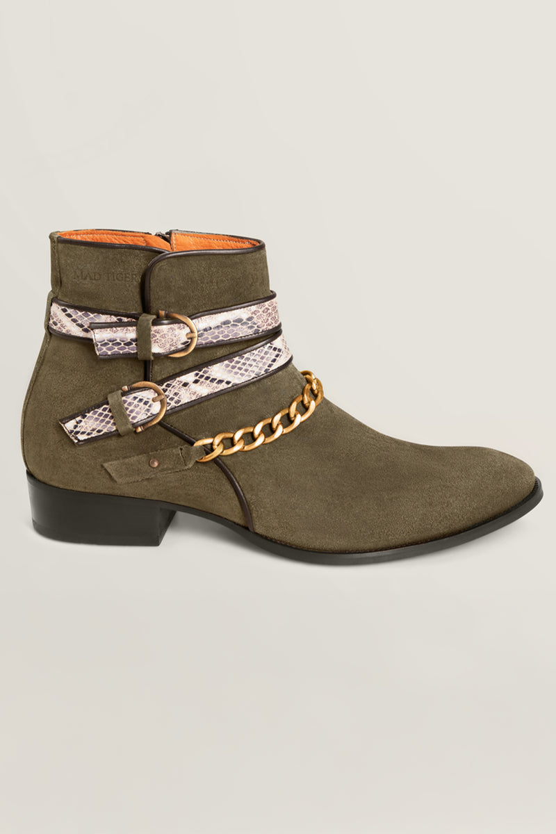 SNAKE BUCKLE KHAKI BOOTS