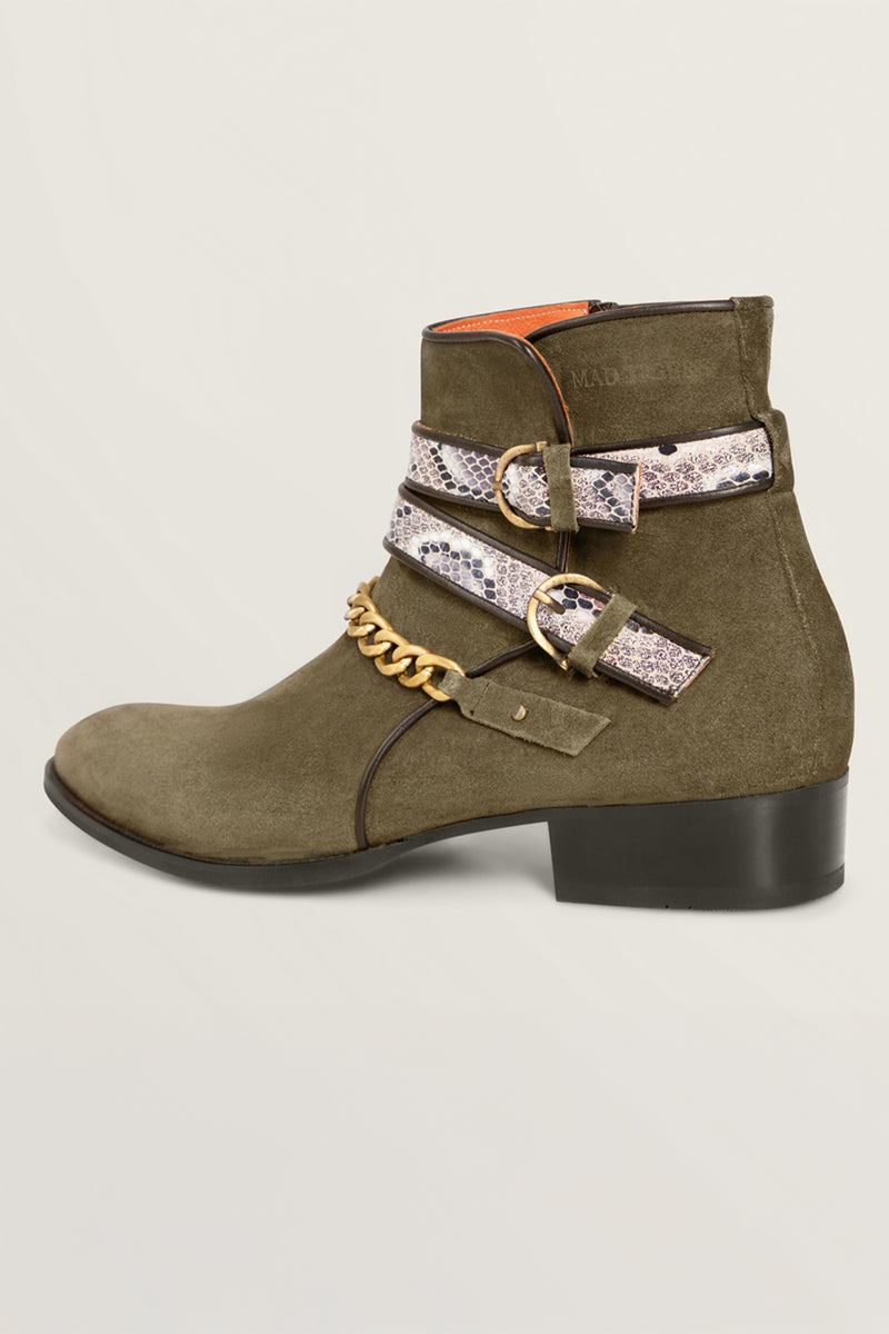 SNAKE BUCKLE KHAKI BOOTS