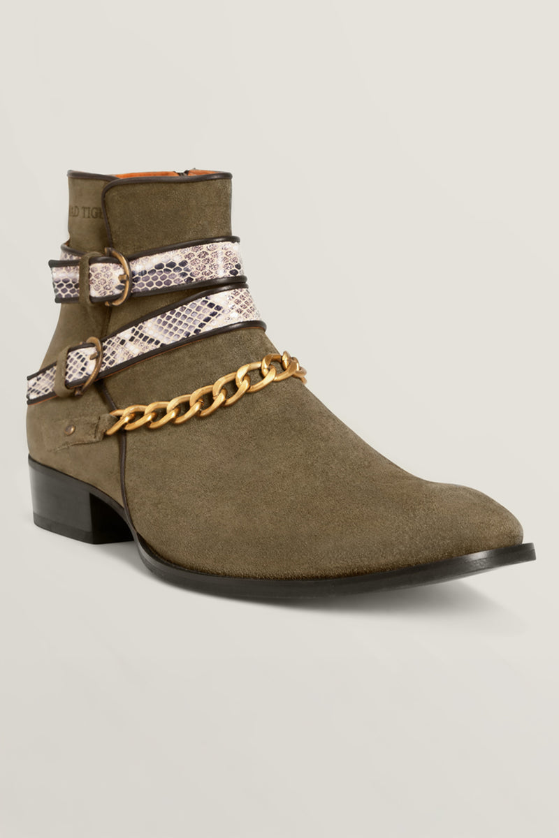 SNAKE BUCKLE KHAKI BOOTS